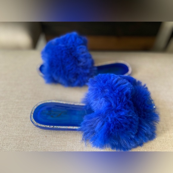 Super Jack Rhinestone Jelly Slide- On’s - Royal Blue - Faux Feather/ Size 10 - Picture 5 of 8